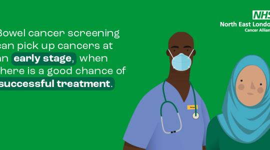 On a  green background there is white text which says 'bowel cancer screening can pick  up cancers at an early stage when there is a good chance of successful treatment