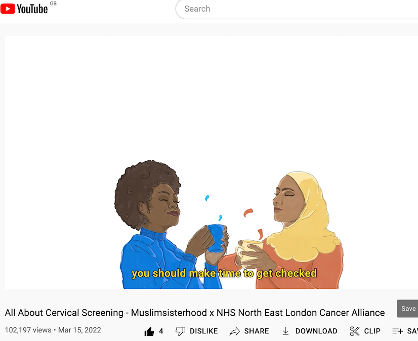 Two muslim women are talking to each other and drinking a hot drink. The next underneath says you should make time to get checked.