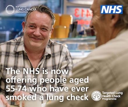 A man is facing the camera. The next says 'The NHS is now offering people aged 55-74 who have ever smoked a lung check. 