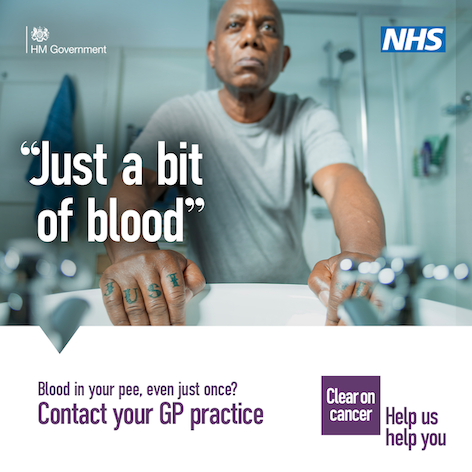A man is looking into the mirror with a worried expression on his face. The next reads 'Just a bit of blood'. There is the NHS logo in the top right hand corner. At the bottom, the text reads 'Blood in your pee just once? Contact your GP practice'.