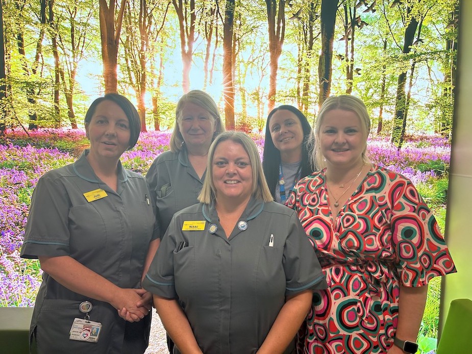 A team photo of five nurses in uniform standing in front of a picture of some woods.