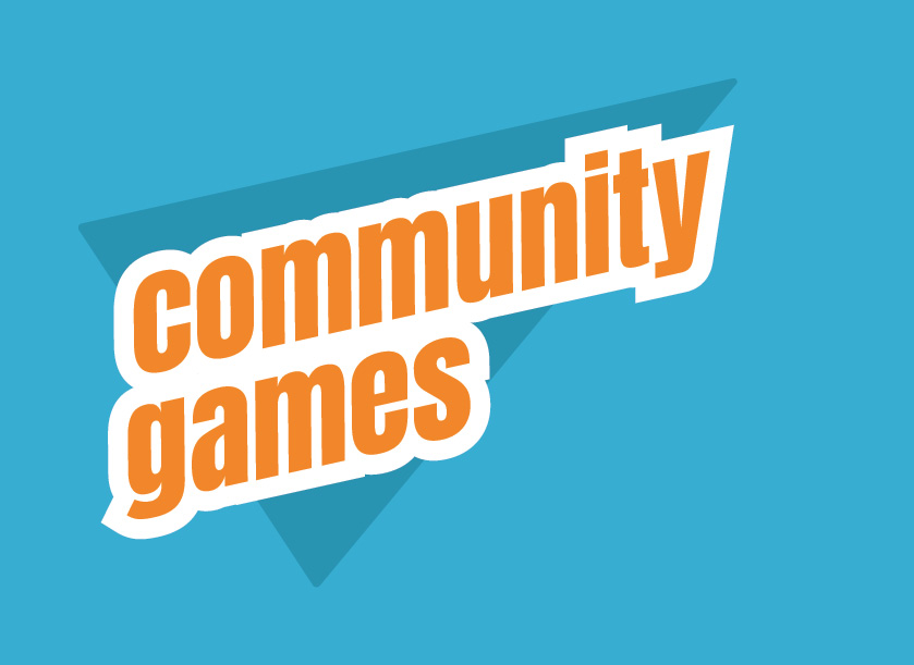 The words Community Games in orange text over a blue background