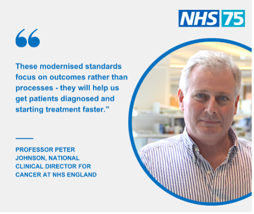 The image is of Professor Peter Johnson, National Clinical Director for Cancer at NHS England. He says "These modernised standards focus on outcomes rather than processes - they will help us get patients diagnosed and starting treatment faster"