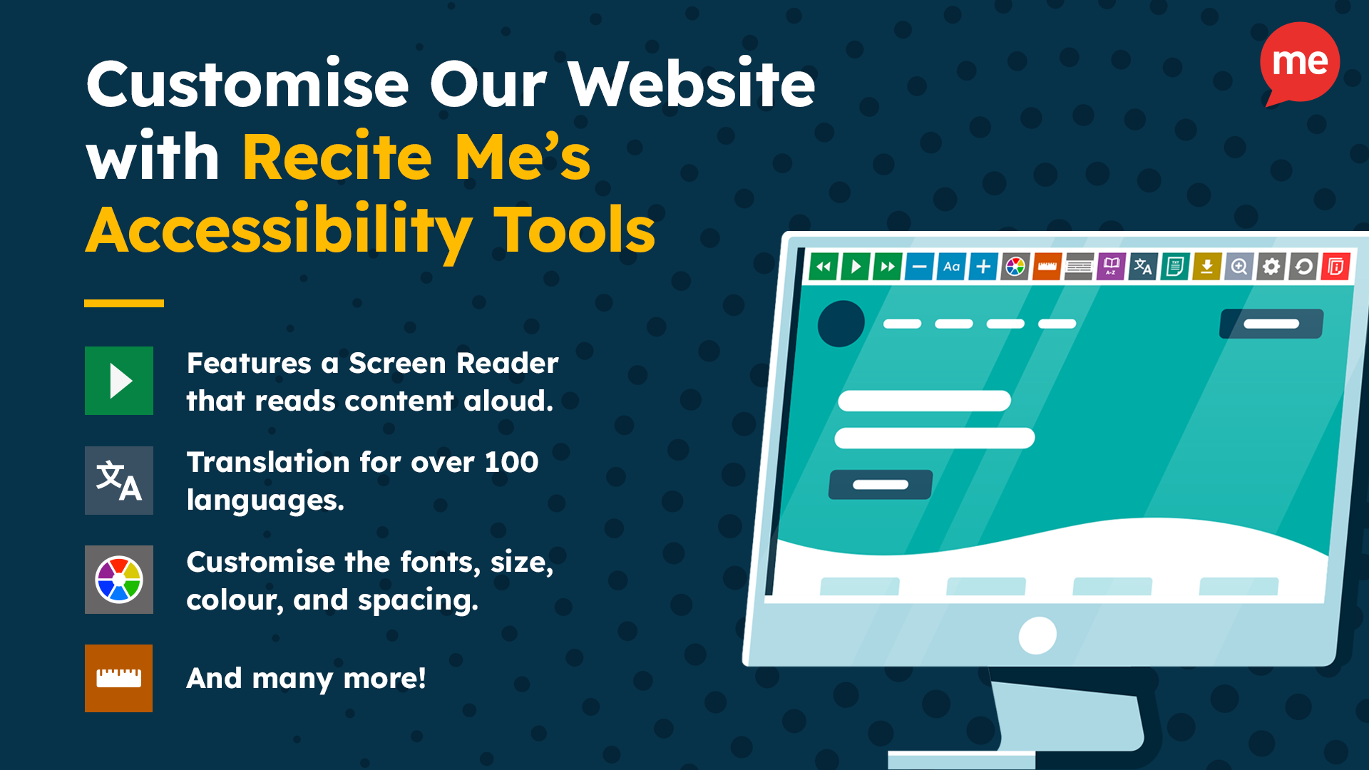 Customise Our Website with Recite Me's Accessibility Tools. An animated computer using the Recite Me toolbar on a dark blue background.
