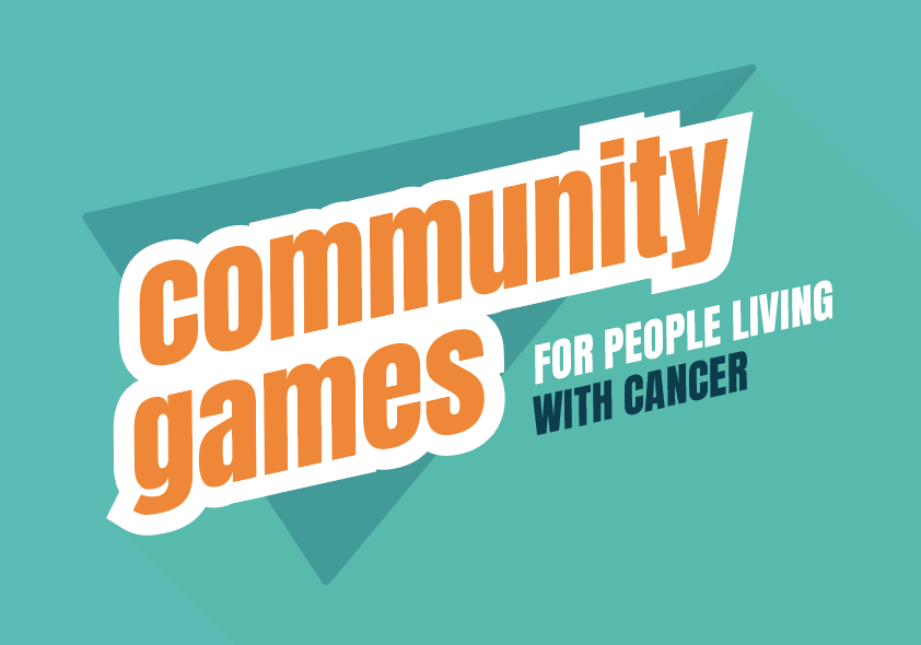 Text on a green background says community games for people living with cancer.