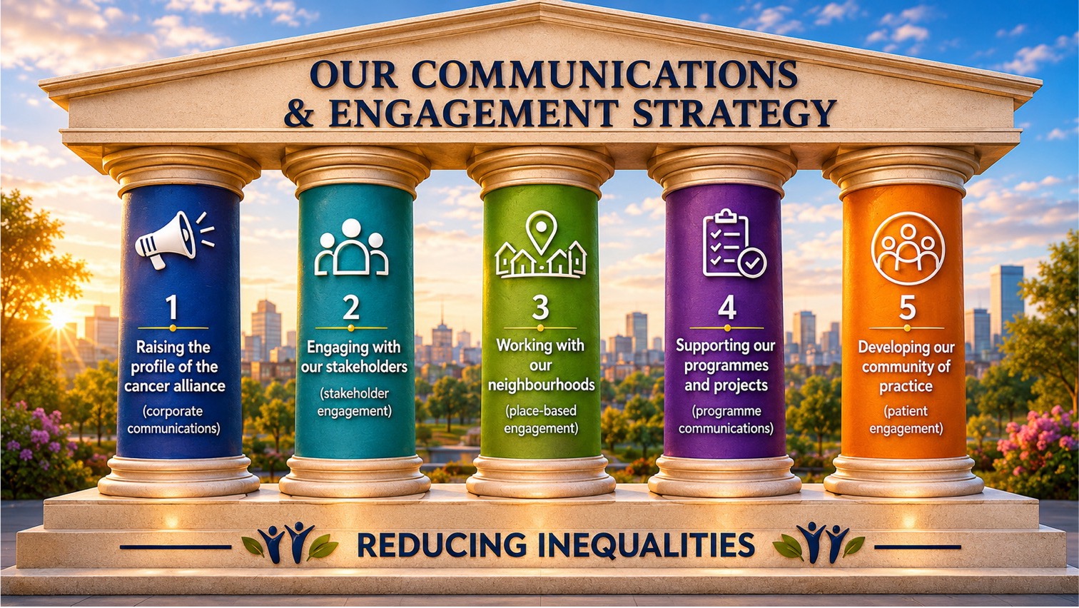 Five pillars are shown under a roof which says Communications and Engagement Strategy on it.