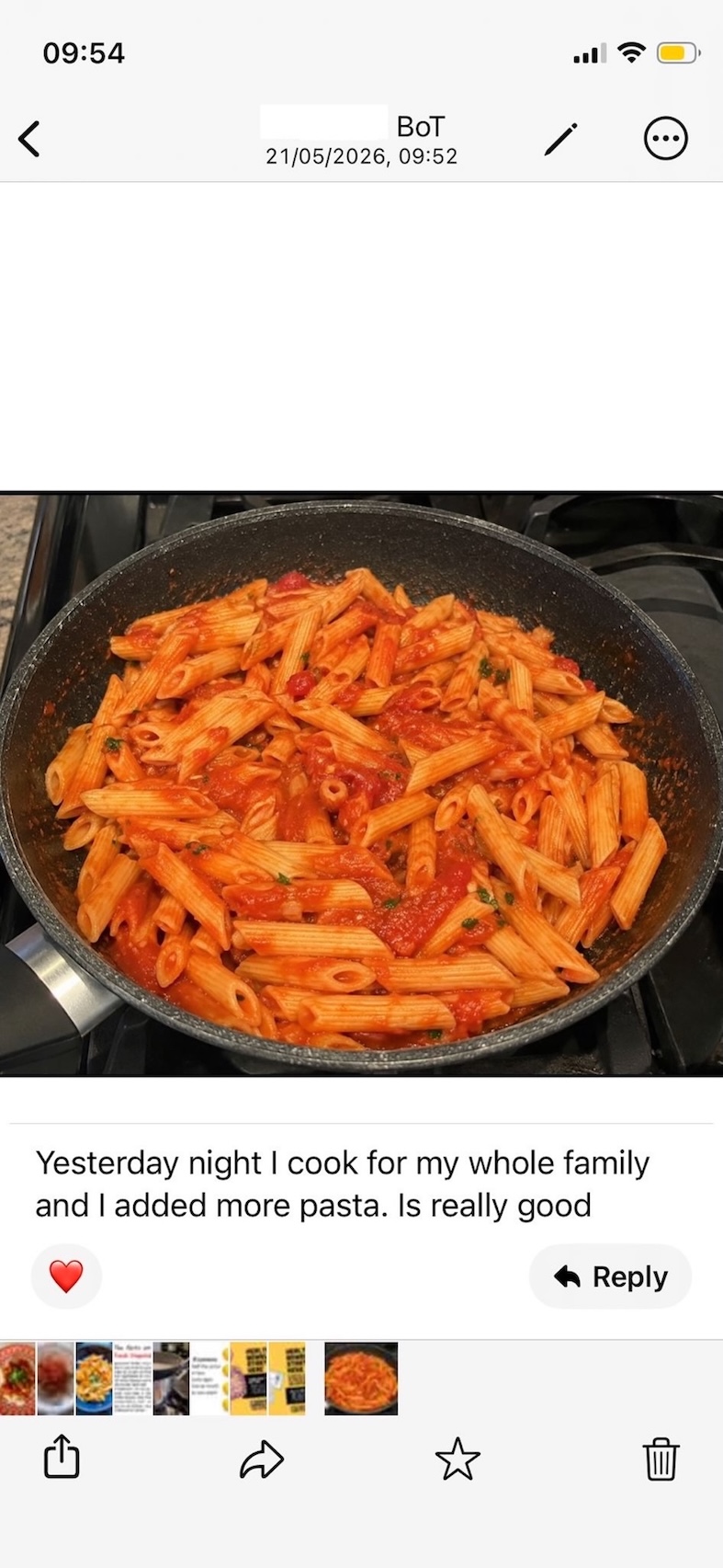 A whatsapp image showing a pasta dish