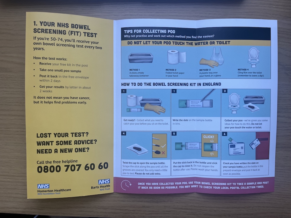 A picture of a bowel cancer screening leaflet.