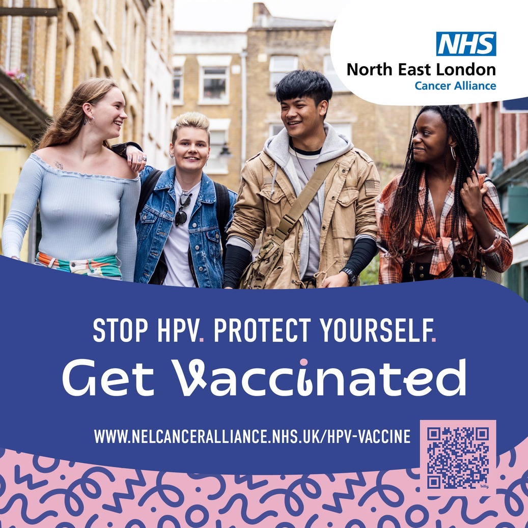 An image of young people walking down the street with a message to get protected from HPV.