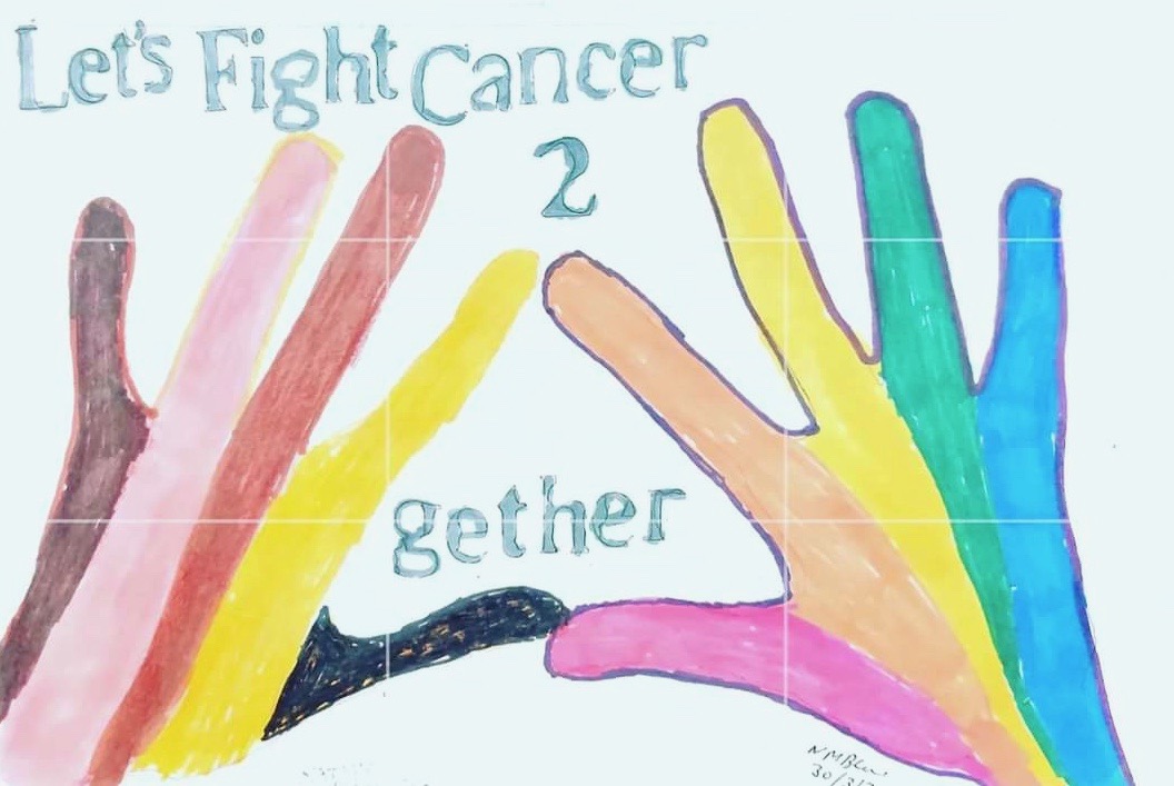 The text says Let's beat cancer together. The image is of two hands coming together. The hand on the left is coloured different shades of skin colour and the hand on the right is different colours of the rainbow.