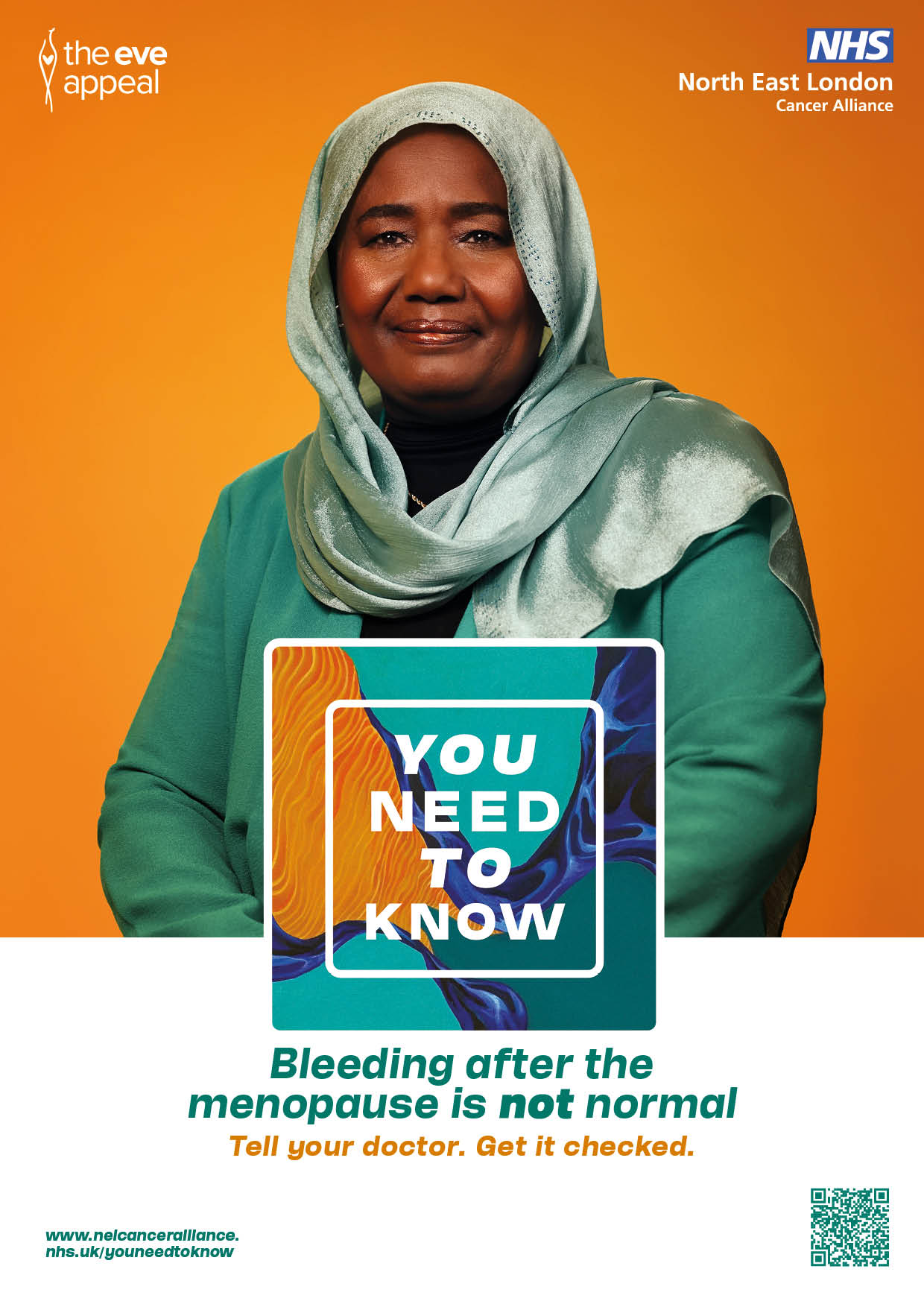 A poster of a lady facing forward and sitting down against an orange background. She is wearing a green headscarf.