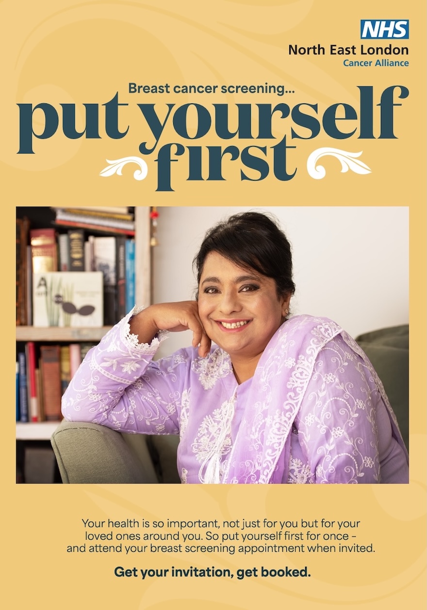 A poster which says put yourself first at the top and underneath shows a woman sitting at home on an armchair smiling.