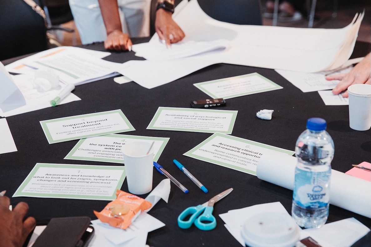 A table with people leaning on it to write on large pieces of paper.