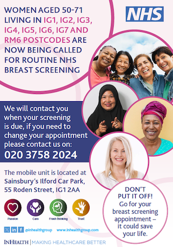 The image features the faces of 7 females in circles. The text says WOMEN AGED 50-71 LIVING IN IG1, IG2, IG3, IG4, IG5, IG6, IG7 AND RM6 POSTCODES ARE NOW BEING CALLED FOR ROUTINE NHS BREAST SCREENING  We will contact you when your screening is due, if you need to change your appointment please contact us on: 020 3758 2024