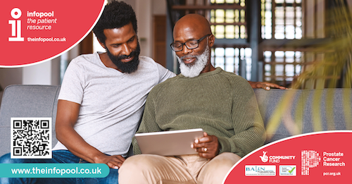 Two black men are sat on a sofa in front of a lap top. The text says infopool.co.uk