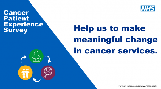 Graphic of text which reads 'Cancer Patient Experience Survey. Help us to make meaningful changes in cancer services.'