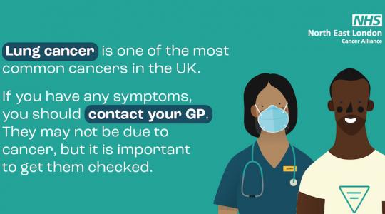 A cartoon-style image of two characters looking forwards, one with a face mask on. The text reads 'Lung cancer is one of the most common cancers in the UK. If you have any symptoms you should contact your GP. They may not be due to cancer, but it is important to get them checked.'