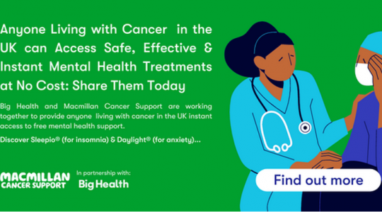 The image features two cartoon-style people. One is a doctor with a stethoscope and the other is a patient wearing a face mask. The text reads 'Anyone living with cancer in the UK can access safe, effective and instant mental health treatments at no cost'.