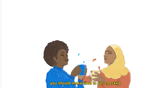 Two muslim women are talking to each other and drinking a hot drink. The next underneath says you should make time to get checked.