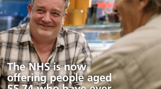 A man is facing the camera. The next says 'The NHS is now offering people aged 55-74 who have ever smoked a lung check. 