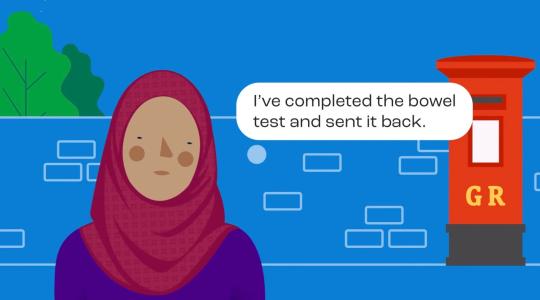 A cartoon image of a lady wearing a head scarf is standing in front of a post box and says 'I've completed the bowel test and sent it back'