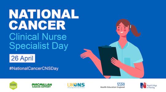 A nurse is holding a clipboard and pointing to her right. The text says National Cancer Clinical Nurse Specialist Day. 26 April.