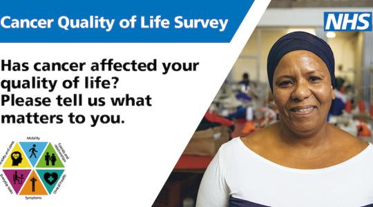 A lady is facing forwards wearing a black headscarf and white top. The text says 'Has cancer affected your quality of life? Please tell us what matters to you.