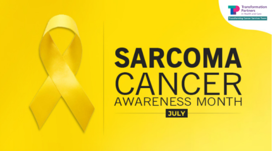 A yellow ribbon is on a yellow background. The text says Sarcoma Cancer Awareness Month.