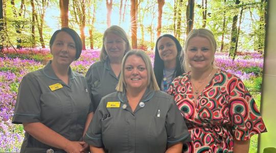 Five female nurses in uniform are standing in front of a picture of some woods for a team photo