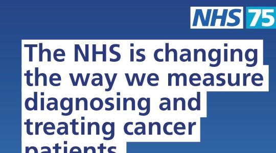 The text says "The NHS is changing the way we measure diagnosing and treating cancer patients."  The NHS 75 logo is top right.