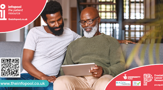 Two black men are sat on a sofa looking at a laptop. The text says Prostate Research UK - theinfopool.co.uk