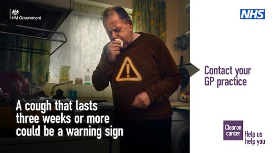 There is an image of a man standing in a kitchen and he is coughing. There is a warning triangle on his jumper. The text says A cough that lasts three weeks or more could be a warning sign. Contact your GP practice.