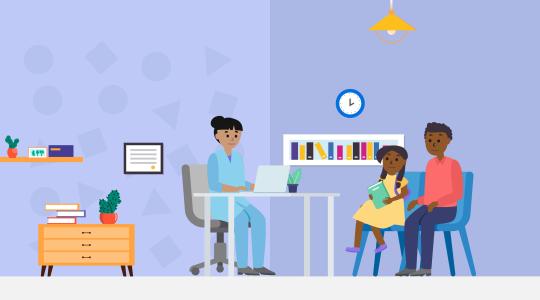 The image is a cartoon style picture of a doctor sitting at a desk facing a young person who is with their parent or carer.