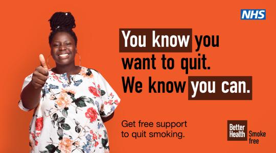 A  black lady is standing against  an organge background. Text on the right says  'You know you want to quit. We know you can.'