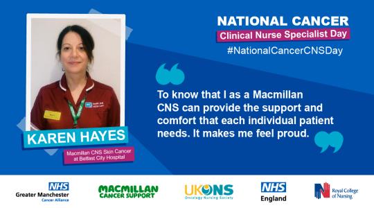 Cancer Clinical Nurse Specialist Day, #NationalCancerCNSDay’. Photograph of a clinical nurse specialist in a white frame alongside a quote. Various logos along the bottom of the image on a white banner.