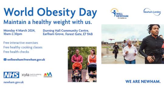 The image is of an event flier which has an image of different people running. The text says World Obesity Day, maintain a healthy weight with us.