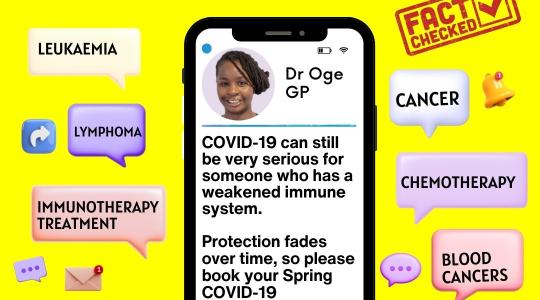 On a yellow background is a mobile phone and the message says book your spring vaccination before 29 June 2024