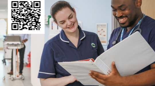Two healthcare professionals are looking at a folder. Text below them says ACCEND Aspirant Cancer Career and Education Development Programme