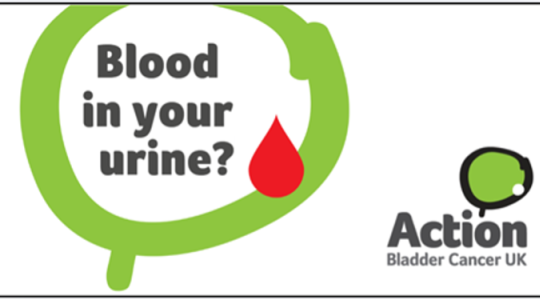Text says Blood in your urine inside a green circle. In the bottom right hand corner is a logo for Action Bladder Cancer UK