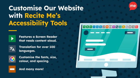 Customise Our Website with Recite Me's Accessibility Tools. An animated computer using the Recite Me toolbar on a dark blue background. 