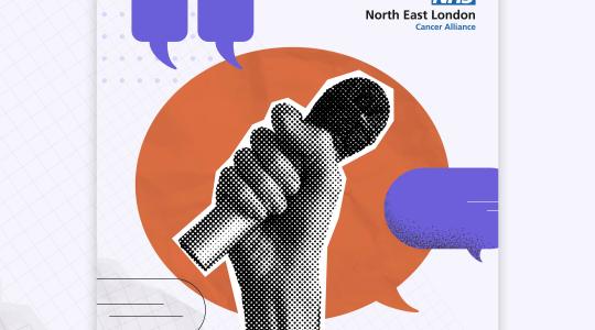 A graphic of a hand holding a microphone. 