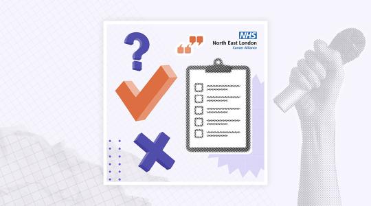 A graphic of a survey on a clip board with icons of a question mark, tick and cross next to it.