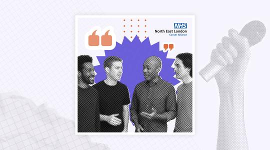 A graphic of four men standing talking to each other.