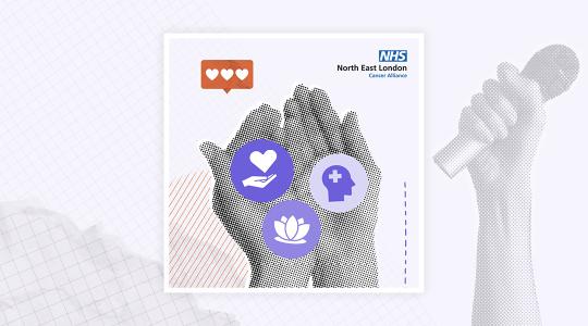 A hand is holding three icons which represent health and wellbeing.