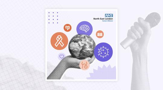 A graphic of a globe held in a human hand, surrounded by icons representing cancer.