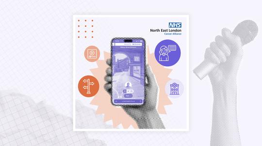 A graphic showing a virtual hospital tour on a smartphone which is being held up in a hand.