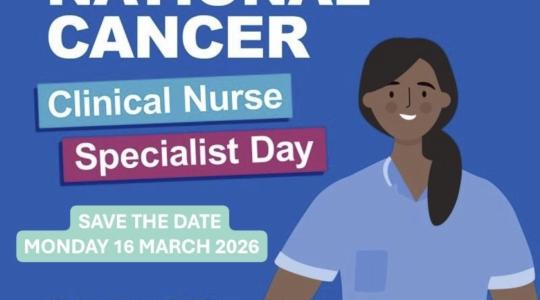 A graphic of a nurse with the text alongside saying National Cancer Clinical Nurse Specialist Day Save the Date Monday 16 March 2026.