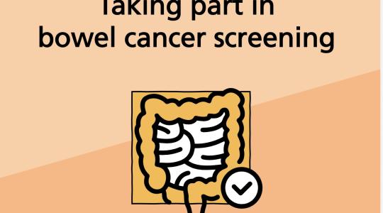 An icon of a bowel with text above saying Taking part in bowel cancer screening.