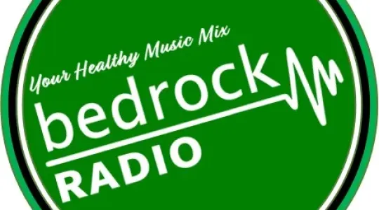 A circular logo which says Bedrock Radio.