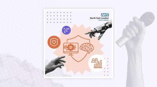 A graphic showing a human hand reaching out to a robotic hand with icons depicting Artificial Intelligence in the middle.